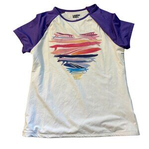 Lands End Girls Rash Guard Swim Shirt L 10-12 Purple & White Short Sleeve